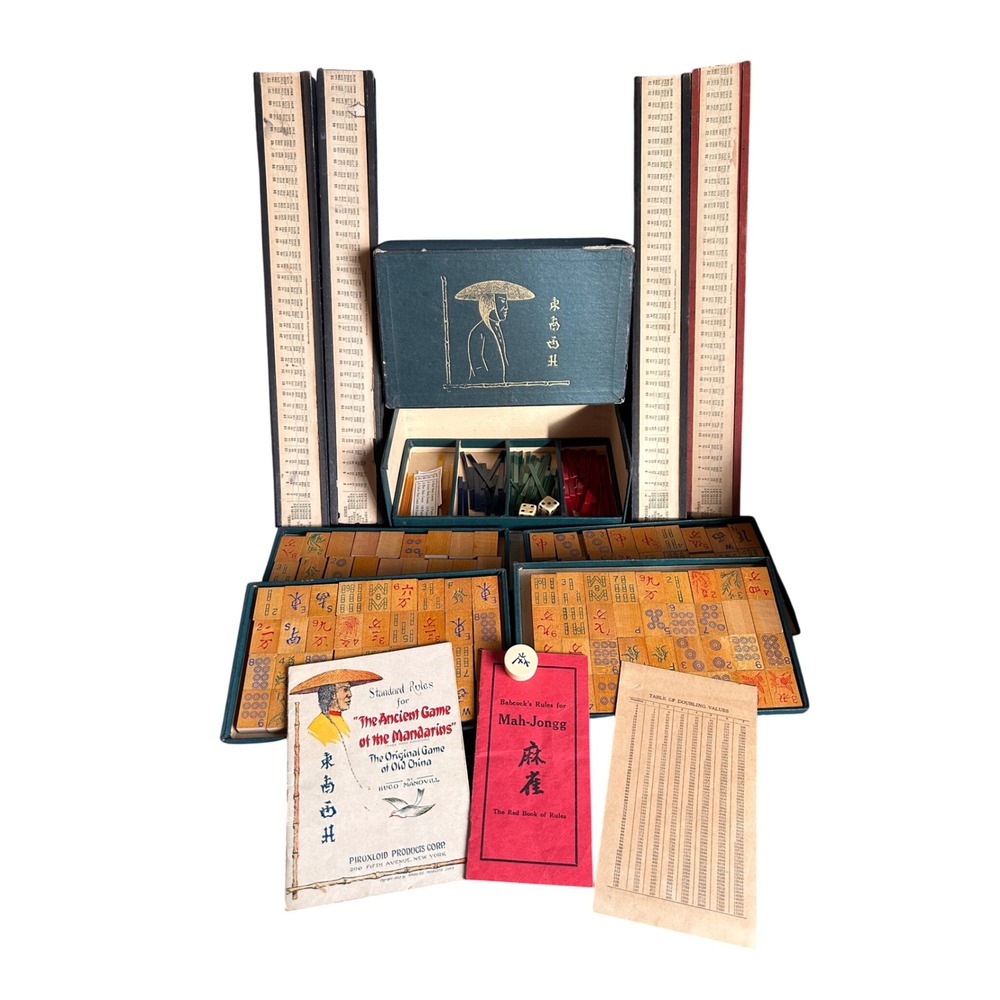 Vintage 1923 Piroxloid Mah-Jongg Set Wood Tiles Ancient Game of Mandarins Boxed